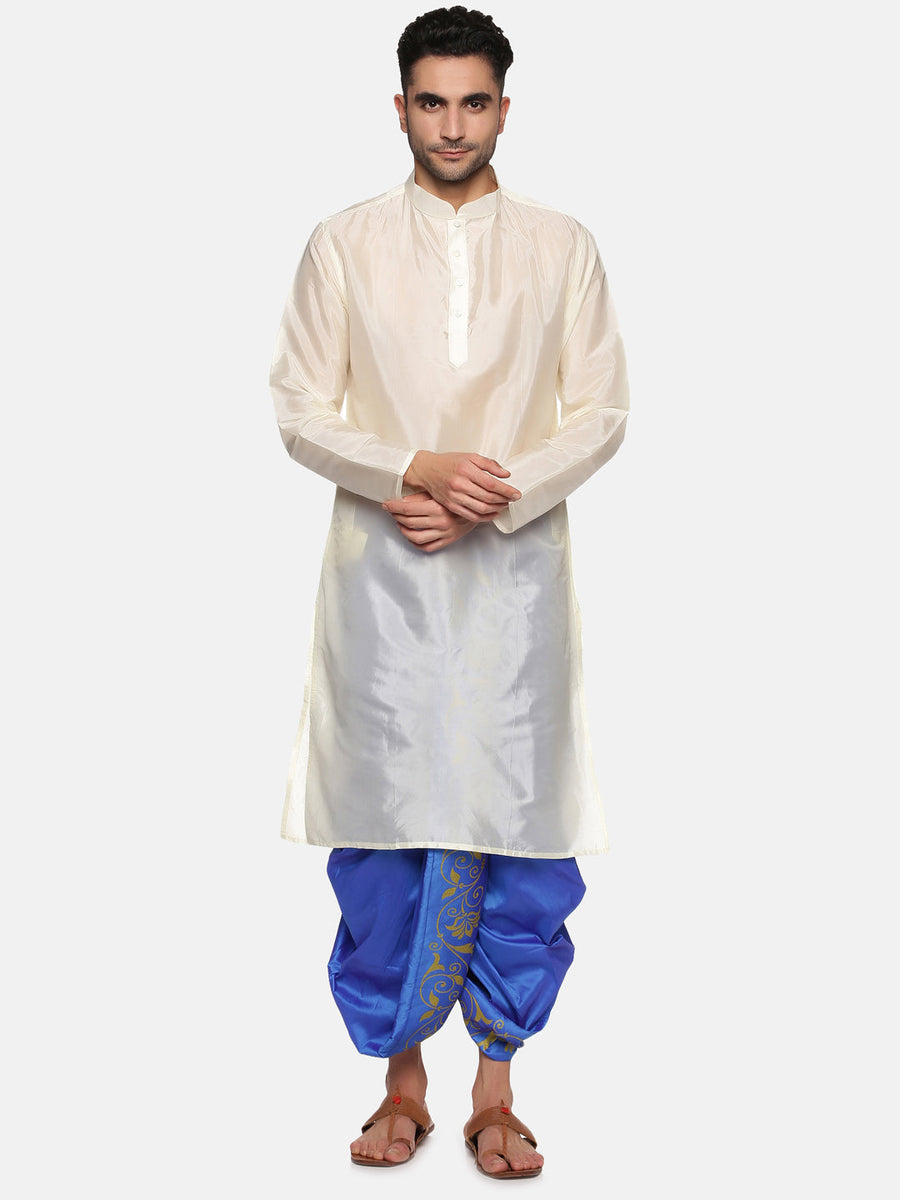 Men Blue Colour Art Silk Kurta Dhoti Pant Set