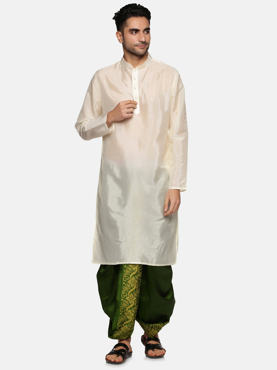 Men Green Colour Art Silk Kurta Dhoti Pant Set