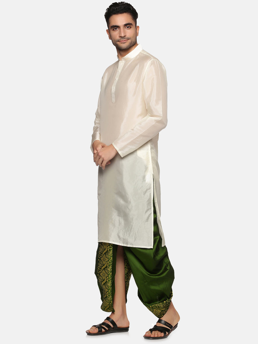 Men Green Colour Art Silk Kurta Dhoti Pant Set