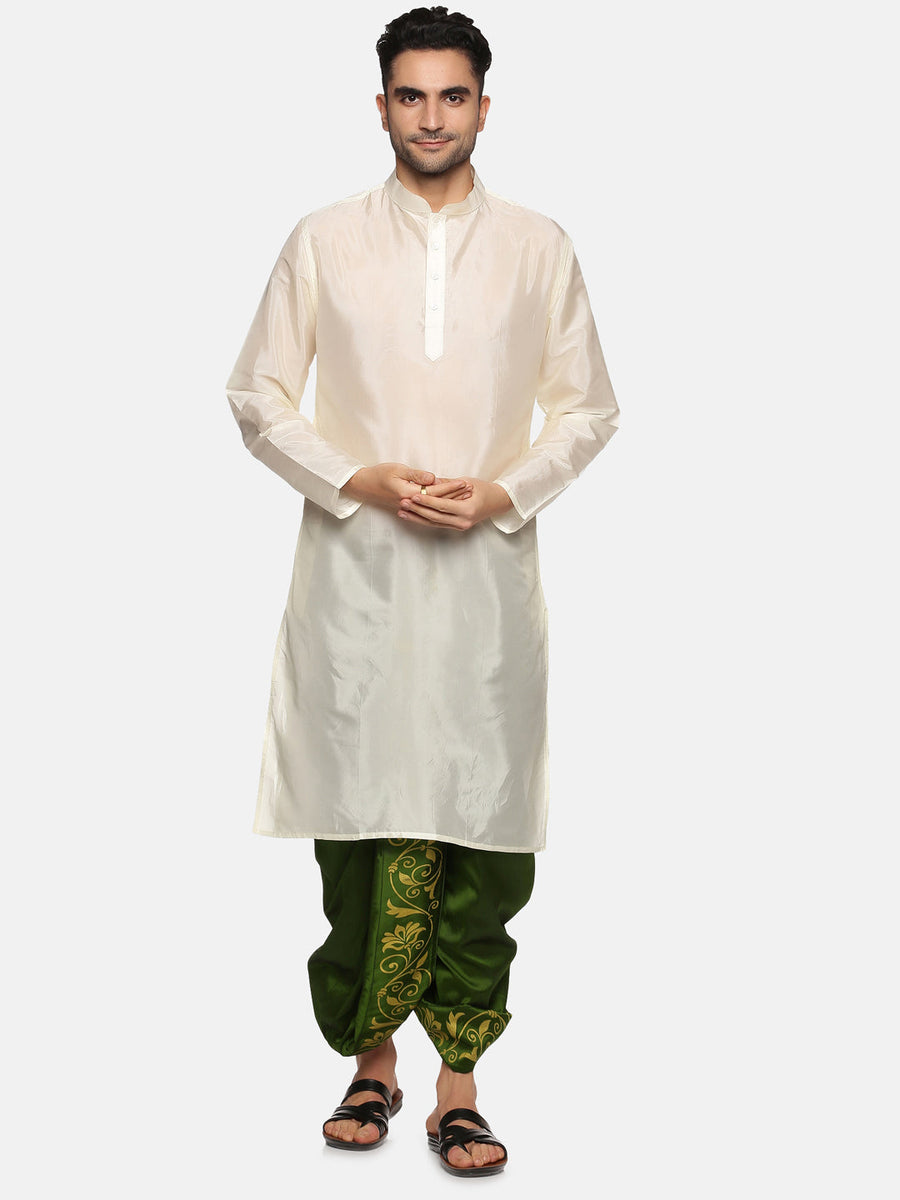 Men Green Colour Art Silk Kurta Dhoti Pant Set