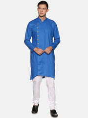 Men Solid Colour Slub Cotton Asymmetric Kurta Pyjama Set