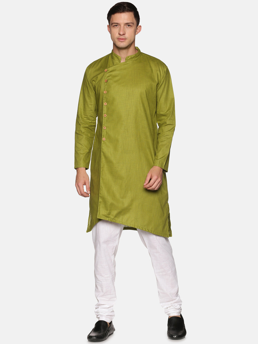 Men Solid Colour Slub Cotton Asymmetric Kurta Pyjama Set