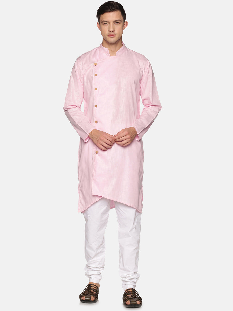 Men Solid Colour Slub Cotton Asymmetrical Kurta Pyjama Set