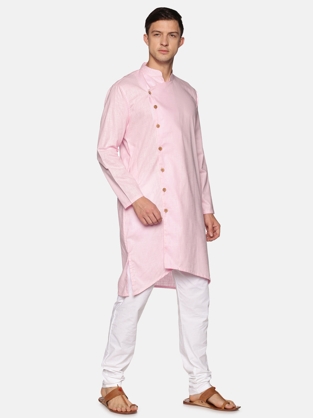 Men Solid Colour Slub Cotton Asymmetrical Kurta Pyjama Set