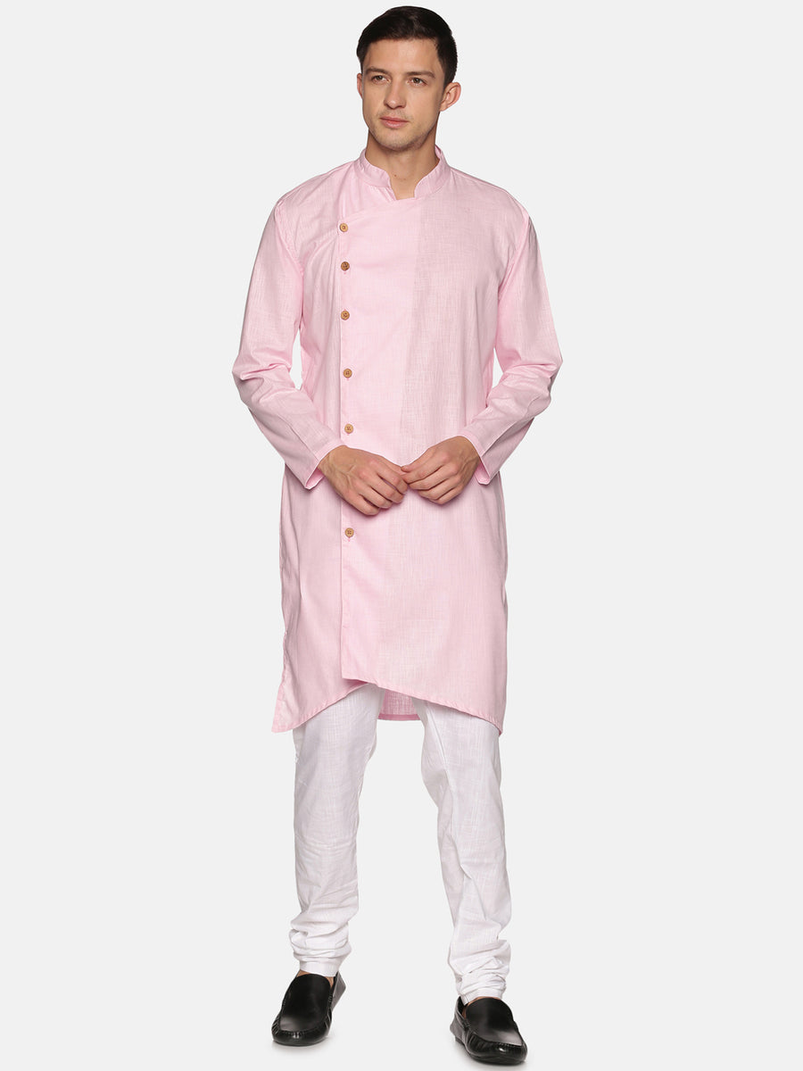 Men Solid Colour Slub Cotton Asymmetric Kurta Pyjama Set