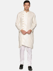 Men Solid Colour Slub Cotton Asymmetric Kurta Pyjama Set