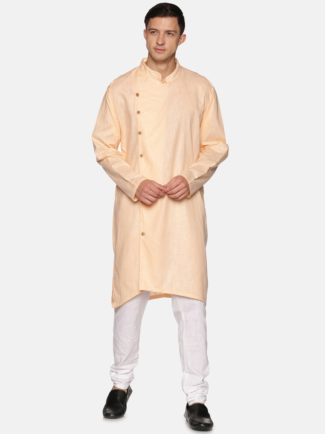 Men Solid Colour Slub Cotton Asymmetric Kurta Pyjama Set