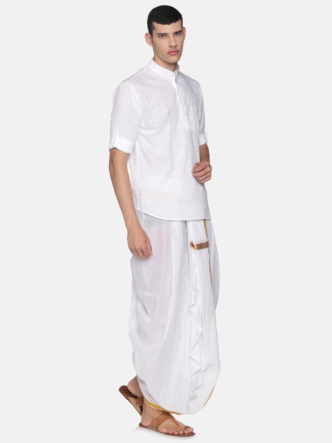 Men White Colour Cotton Kurta Dhoti Pant Set.
