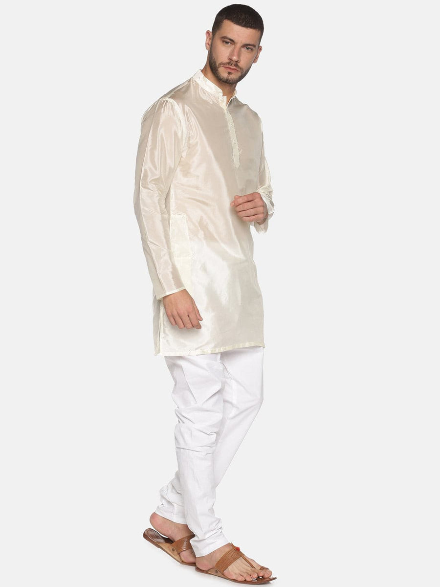 Men Cream Colour Art Silk Kurta Pyjama Set.