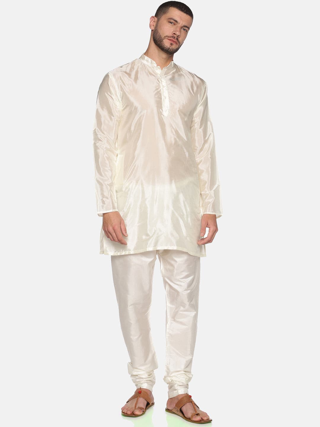 Men Cream Colour Art Silk Kurta Pyjama Set