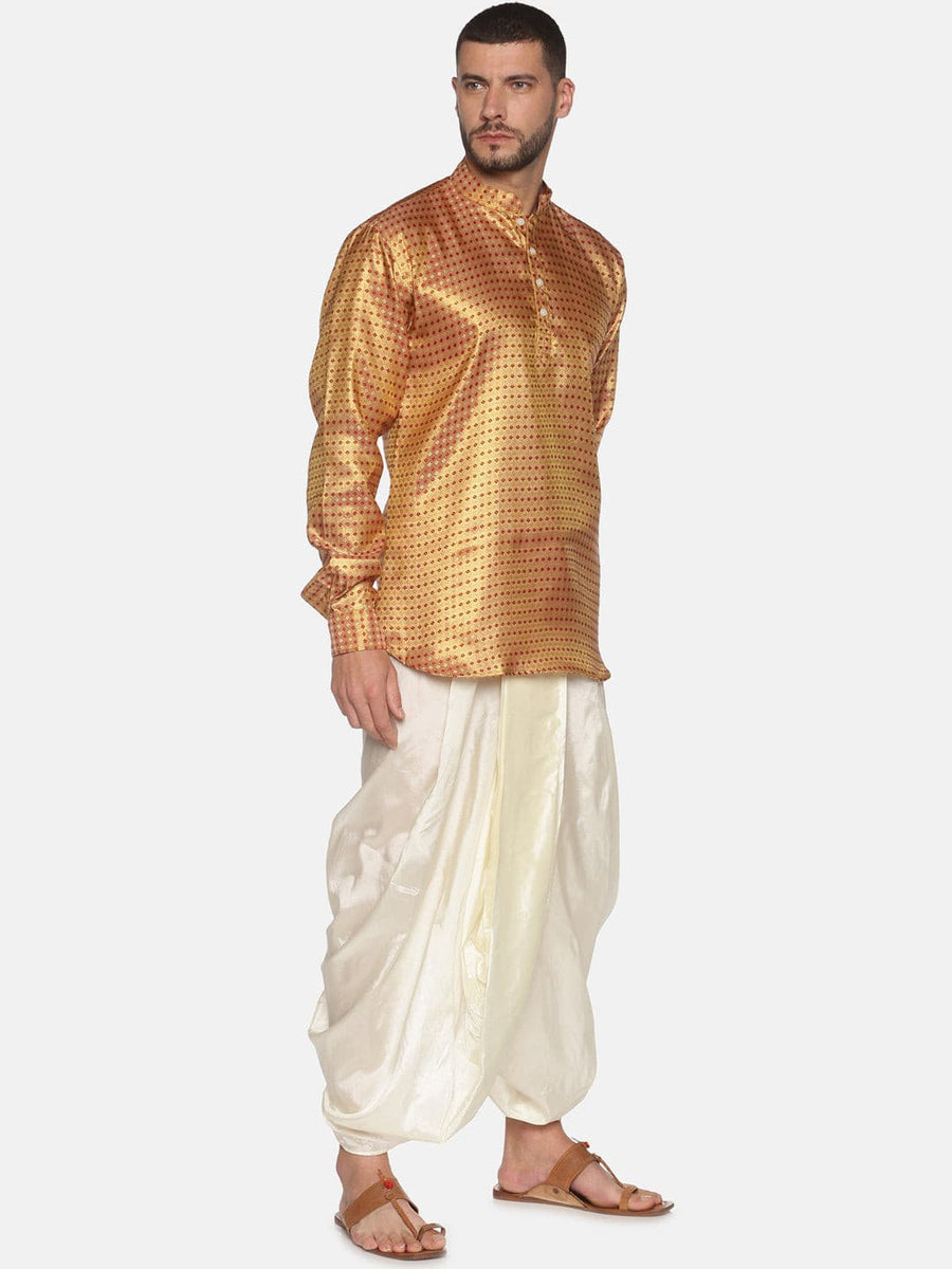 Men Gold Colour Polyester Kurta Dhoti Pant Set