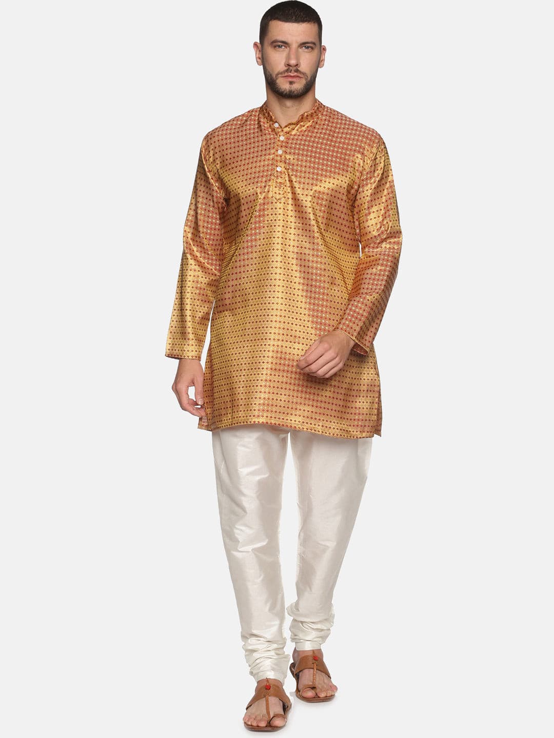 Men Solid Gold Colour Polyester Kurta Pyjama Set