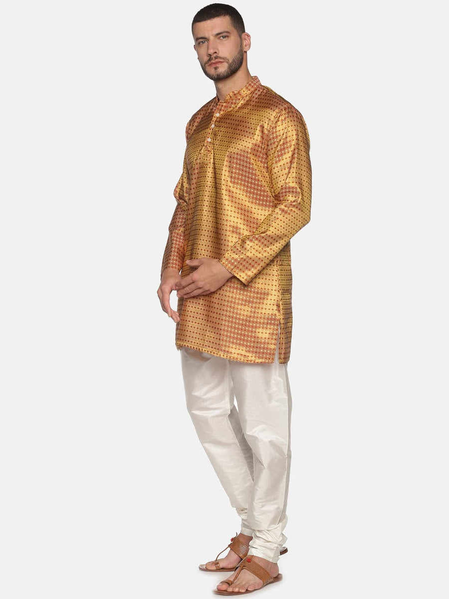 Men Solid Gold Colour Polyester Kurta Pyjama Set