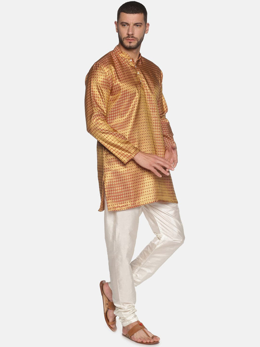 Men Solid Gold Colour Polyester Kurta Pyjama Set