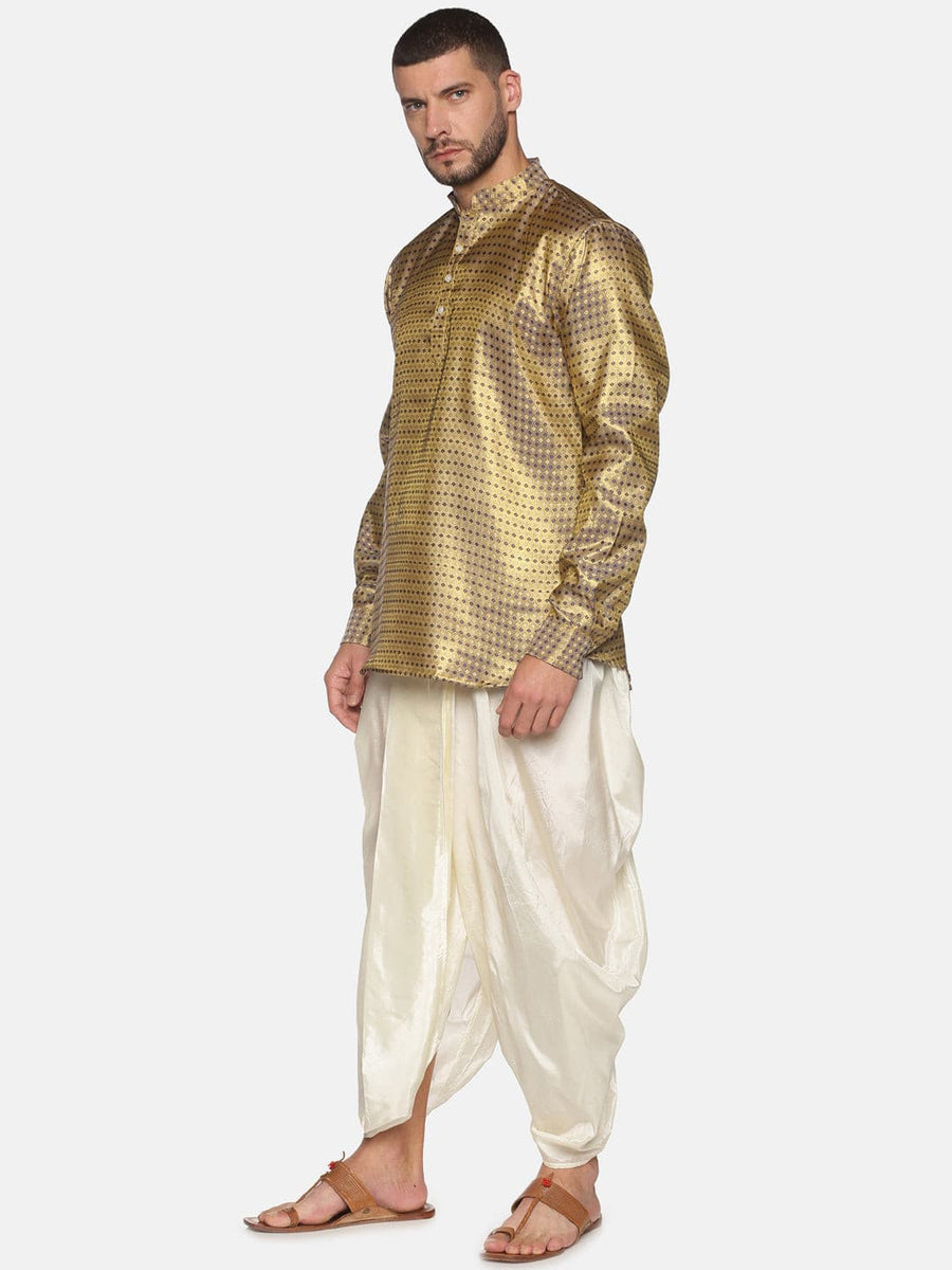 Men Gold Colour Polyester Kurta Dhoti Pant Set