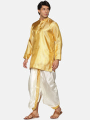 Men Gold Colour Polyester Kurta Dhoti Pant Set.