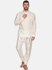 Men Cream Colour Art Silk Kurta Pyjama Set.