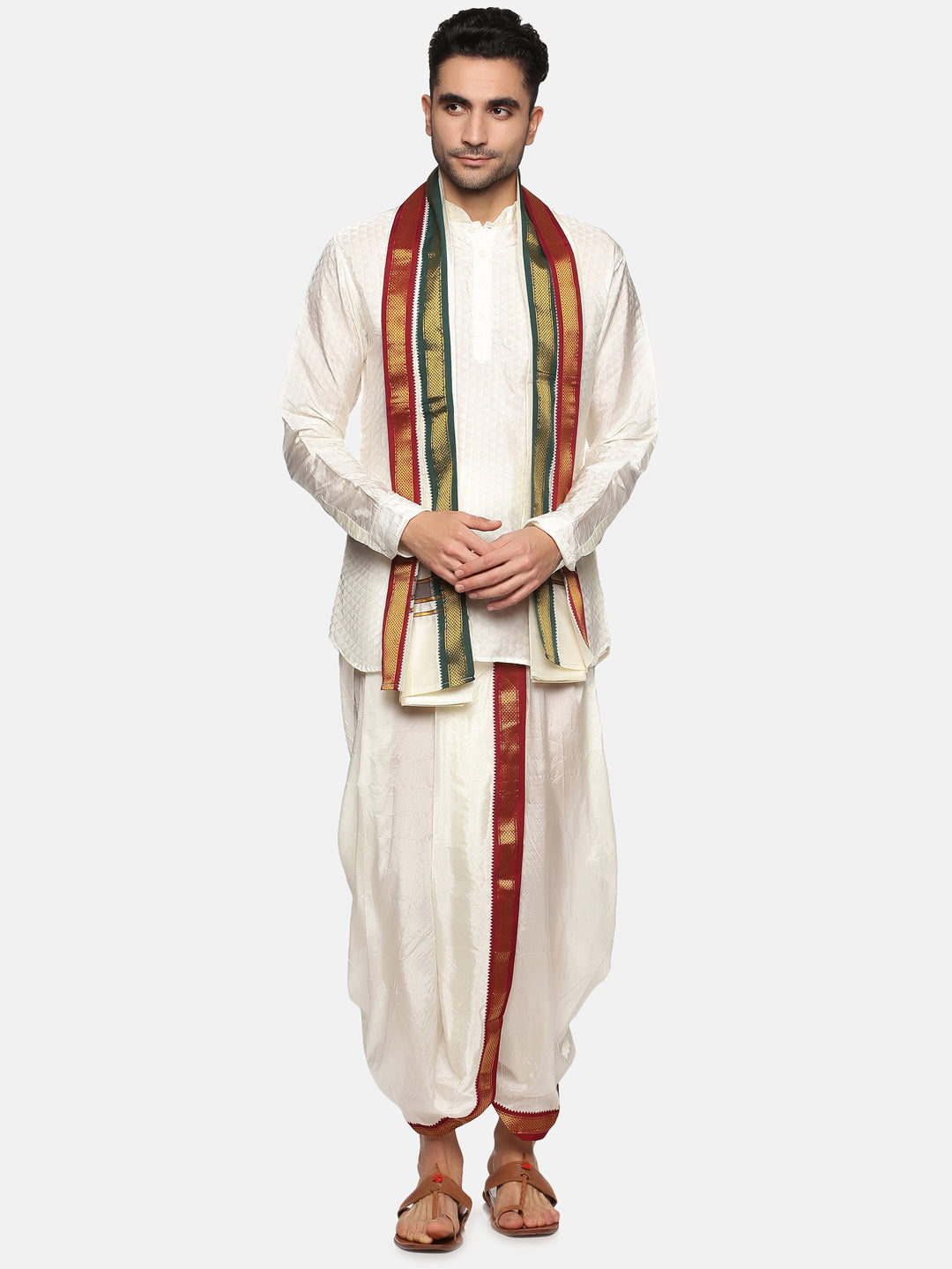Men Off White Colour Art Silk Kurta Dhoti Pant Set