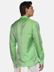 Men Jacquard Art Silk Green Colour Short Kurta.