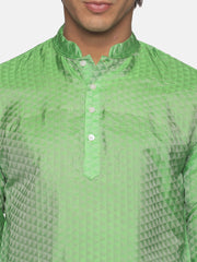 Men Jacquard Art Silk Green Colour Short Kurta.