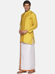 Men Yellow Colour Polyester Kurta Dhoti  Set