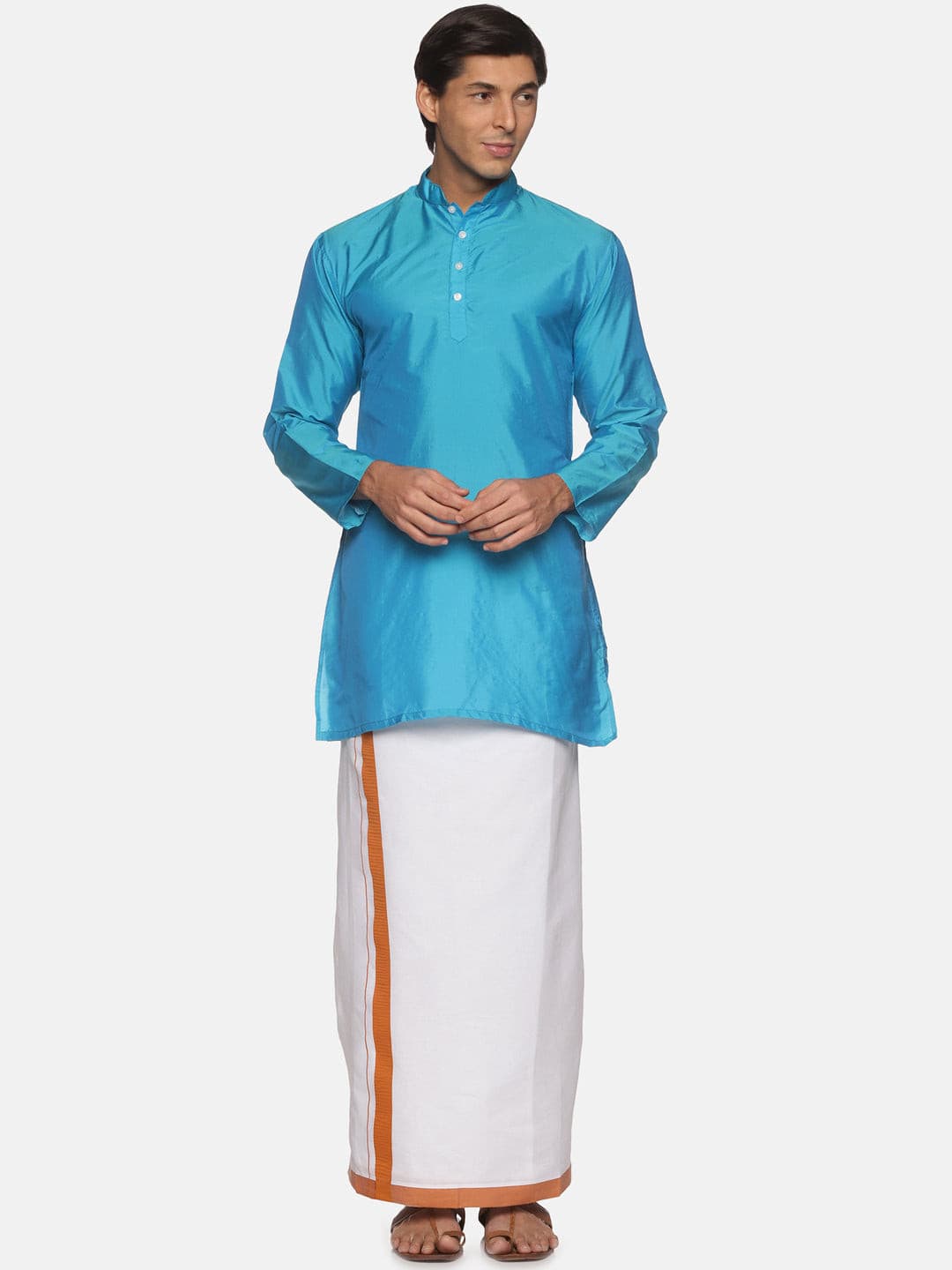 Men Blue Colour Polyester Kurta Dhoti  Set