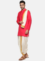 Men Pink Colour Polyester Kurta Dhoti Pant Set.