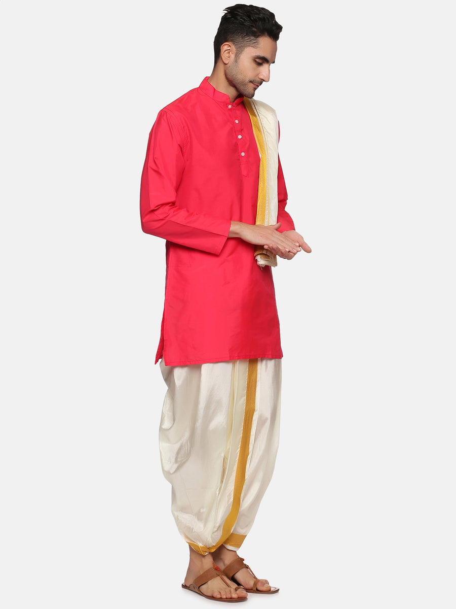 Men Pink Colour Polyester Kurta Dhoti Pant Set.