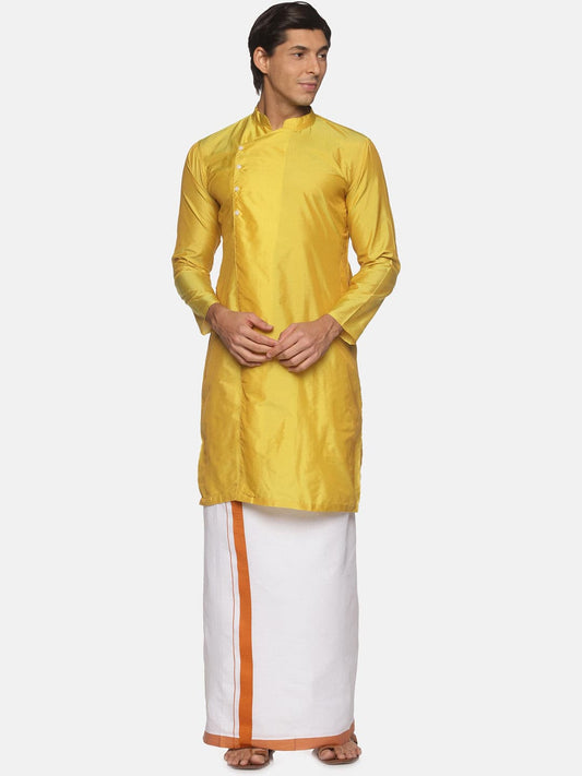 Men Yellow Colour Polyester Kurta Dhoti  Set