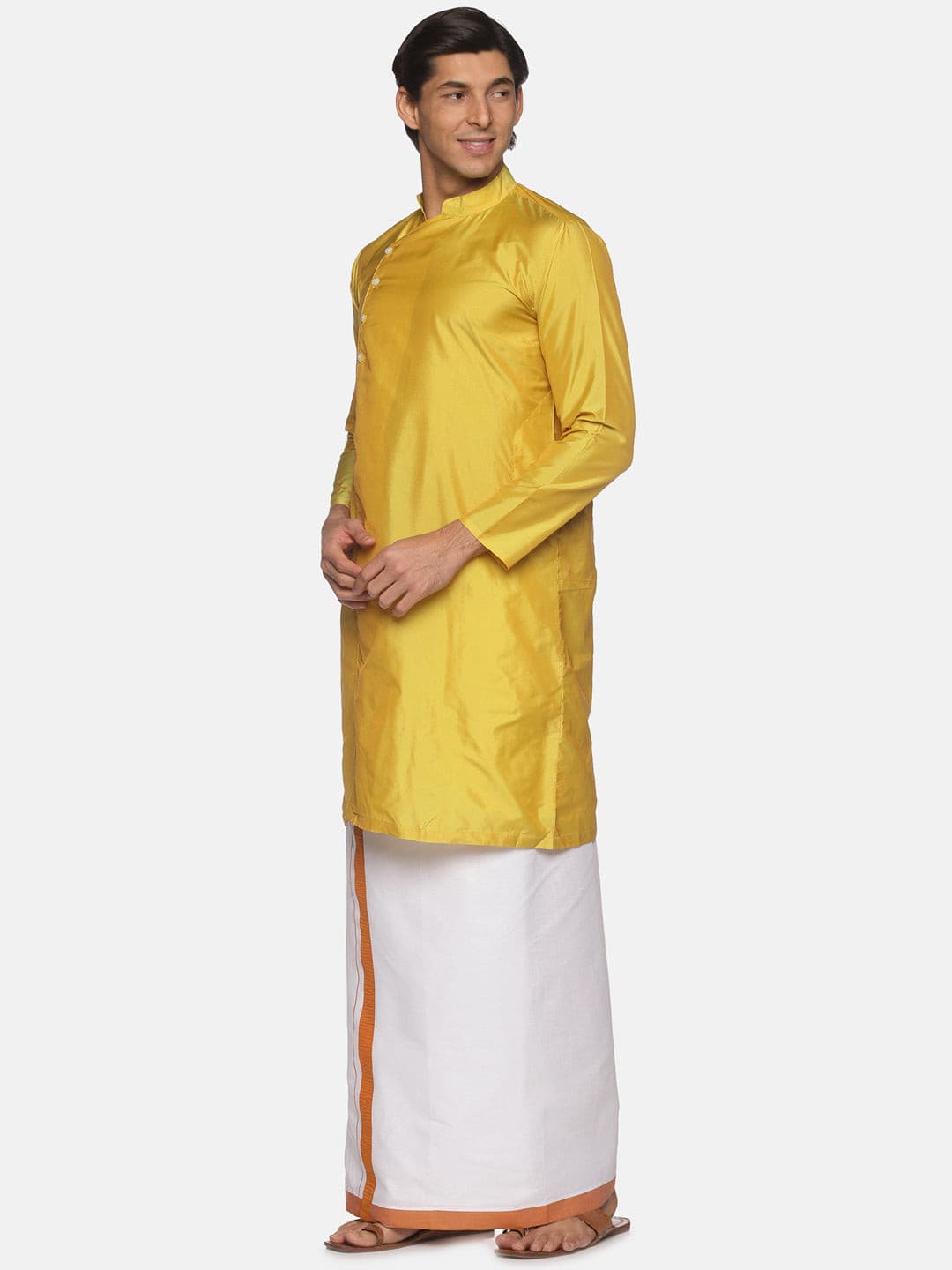 Men Yellow Colour Polyester Kurta Dhoti  Set.
