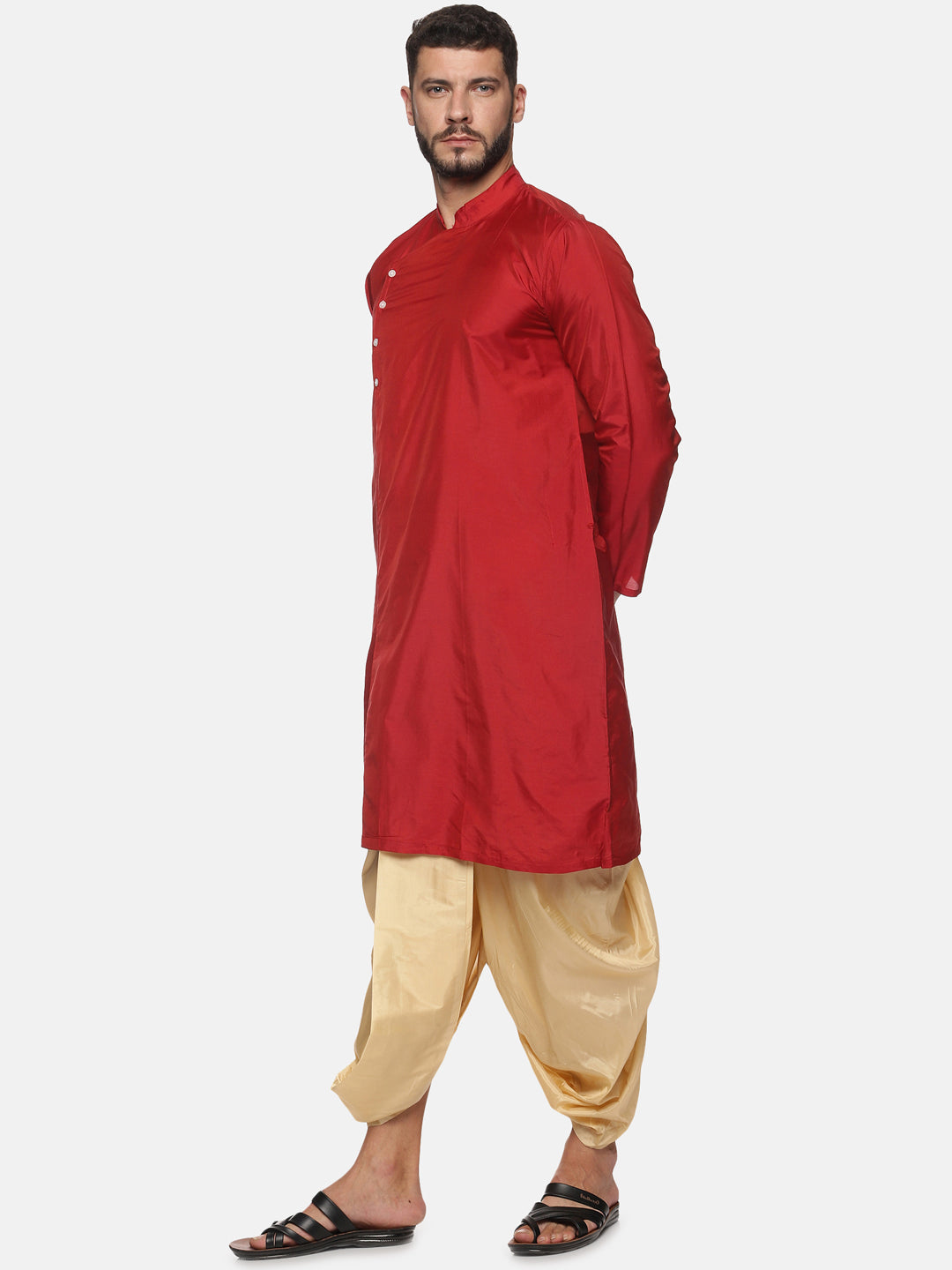 Men Maroon Colour Polyester Kurta Dhoti Pant Set.