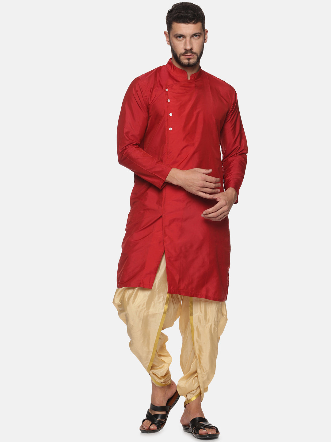 Men Maroon Colour Polyester Kurta Dhoti Pant Set