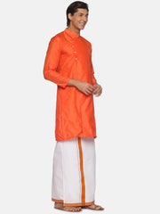 Men Orange Colour Polyester Kurta Dhoti  Set