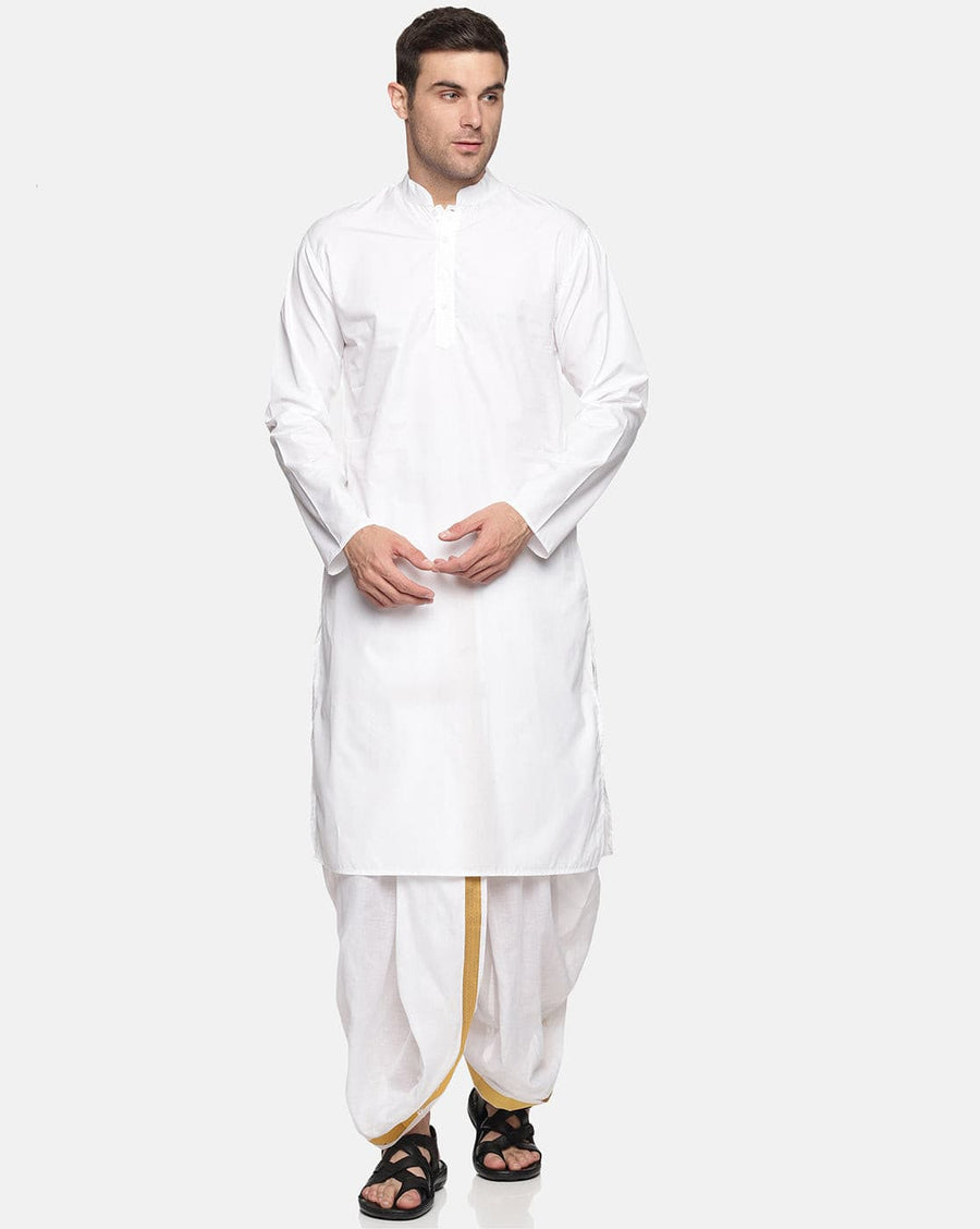 Men White Colour Cotton Kurta Dhoti Pant Set