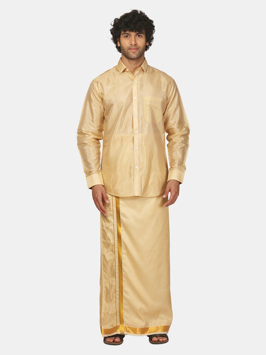 Men Solid Colour Full Sleeve Shirt Pocket Dhoti Set