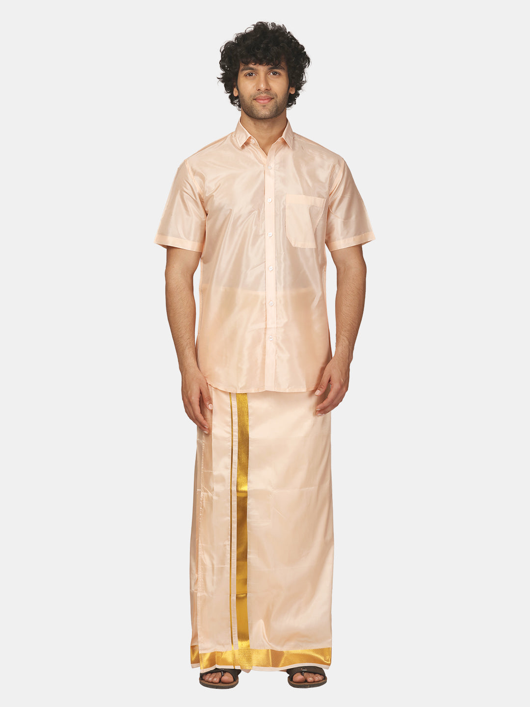 Men Half Sleeve Artsilk Shirt Dhoti Angavastram Set