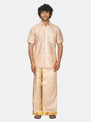 Men Half Sleeve Artsilk Shirt Dhoti Angavastram Set