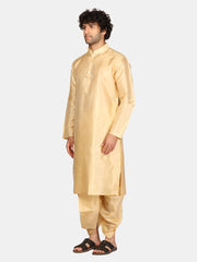 Men Biscuit Colour Art Silk Kurta Dhoti Pant Set.