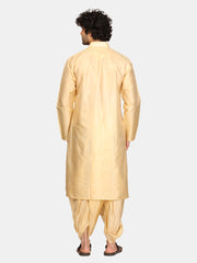 Men Biscuit Colour Art Silk Kurta Dhoti Pant Set.