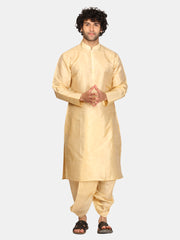 Men Biscuit Colour Art Silk Kurta Dhoti Pant Set.