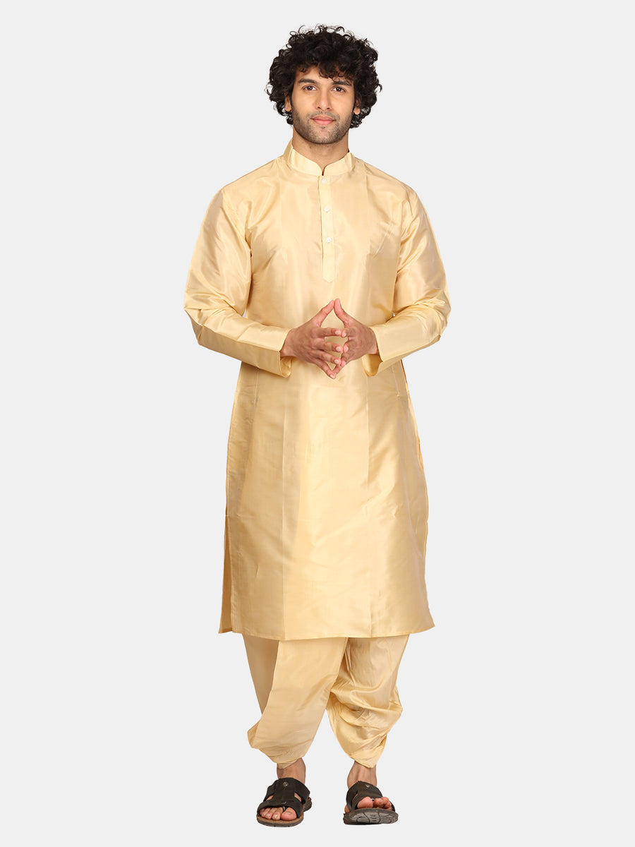 Men Biscuit Colour Art Silk Kurta Dhoti Pant Set.