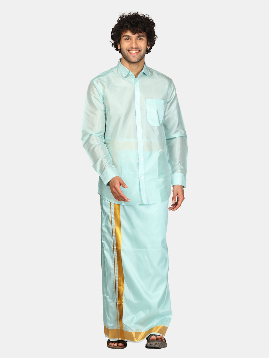 Men Solid Colour Artsilk Full Sleeve Shirt Dhoti Set