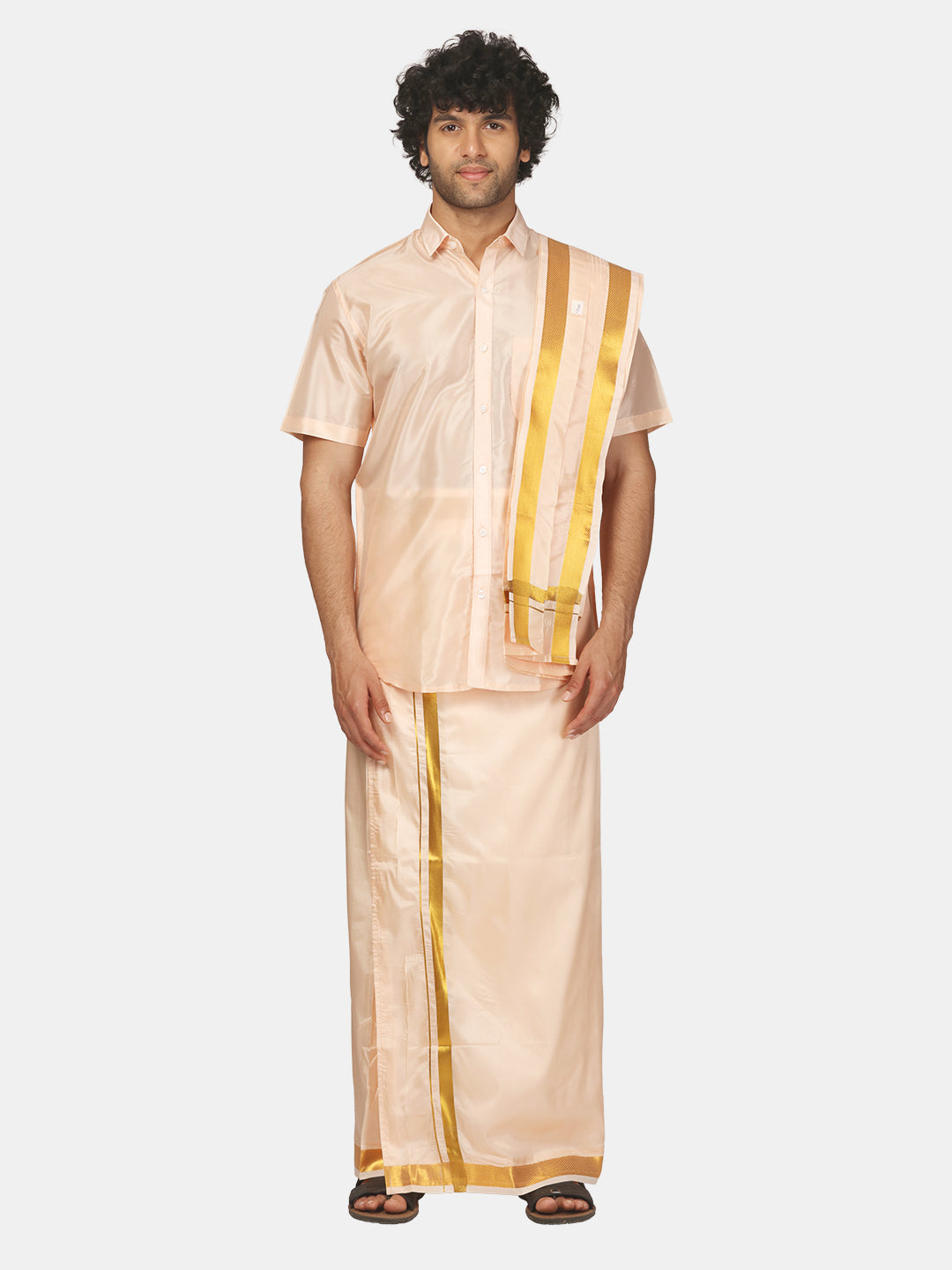 Men Half Sleeve Shirt and Ready to Wear Pocket Dhoti with Angavastram Set