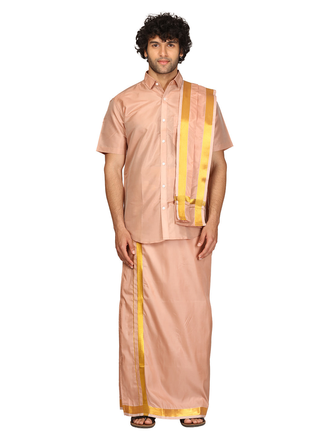 Men Half Sleeve Shirt and Ready to Wear Pocket Dhoti with Angavastram Set