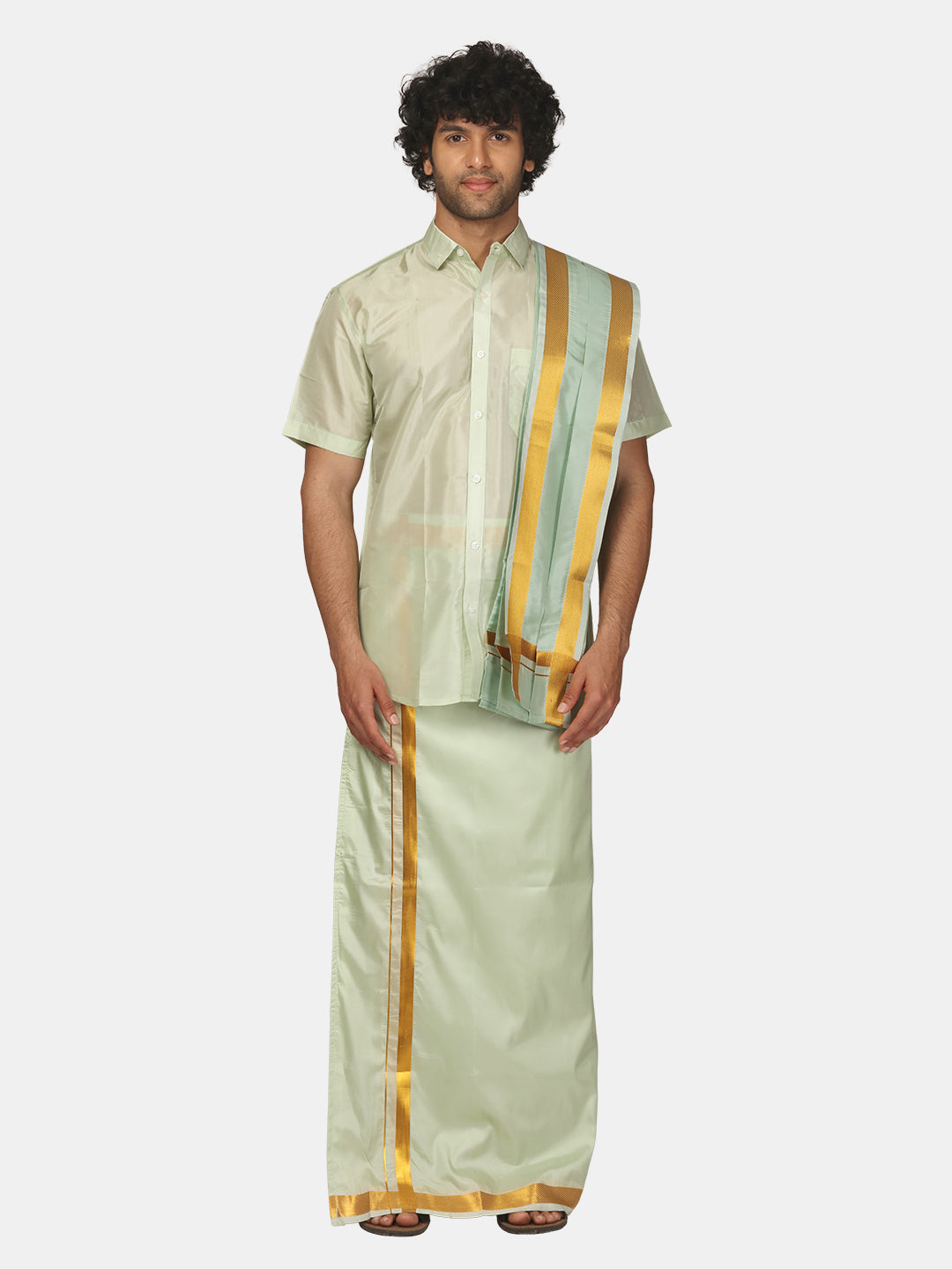 Men Half Sleeve Shirt and Ready to Wear Pocket Dhoti with Angavastram Set