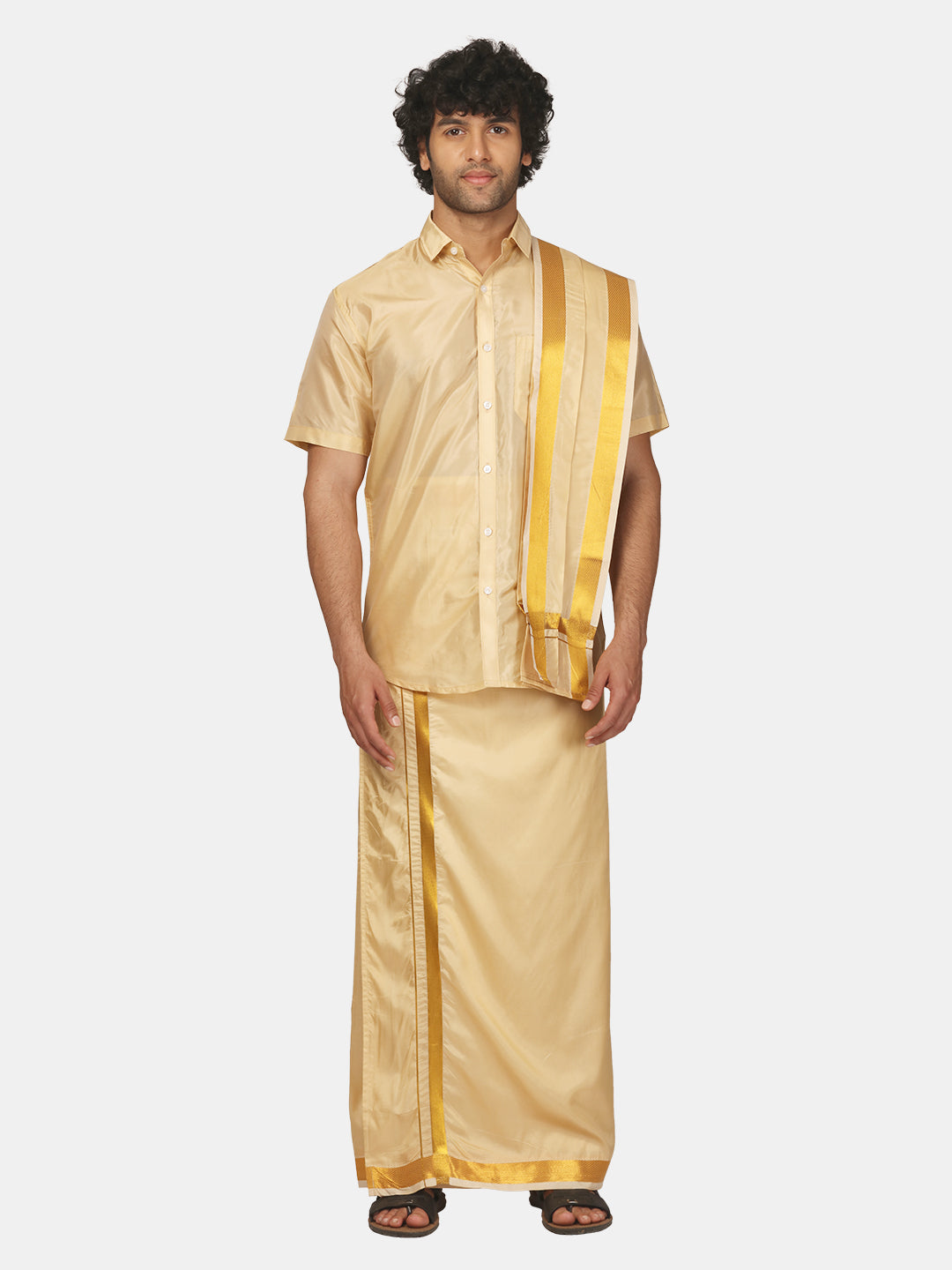 Men Half Sleeve Shirt and Ready to Wear Pocket Dhoti with Angavastram Set